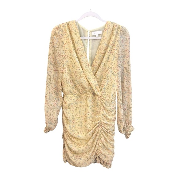 Mable Butter Yellow Ditsy Floral Ruched Long Sleeve Ruffle Hem Dress Size Large - Picture 1 of 5